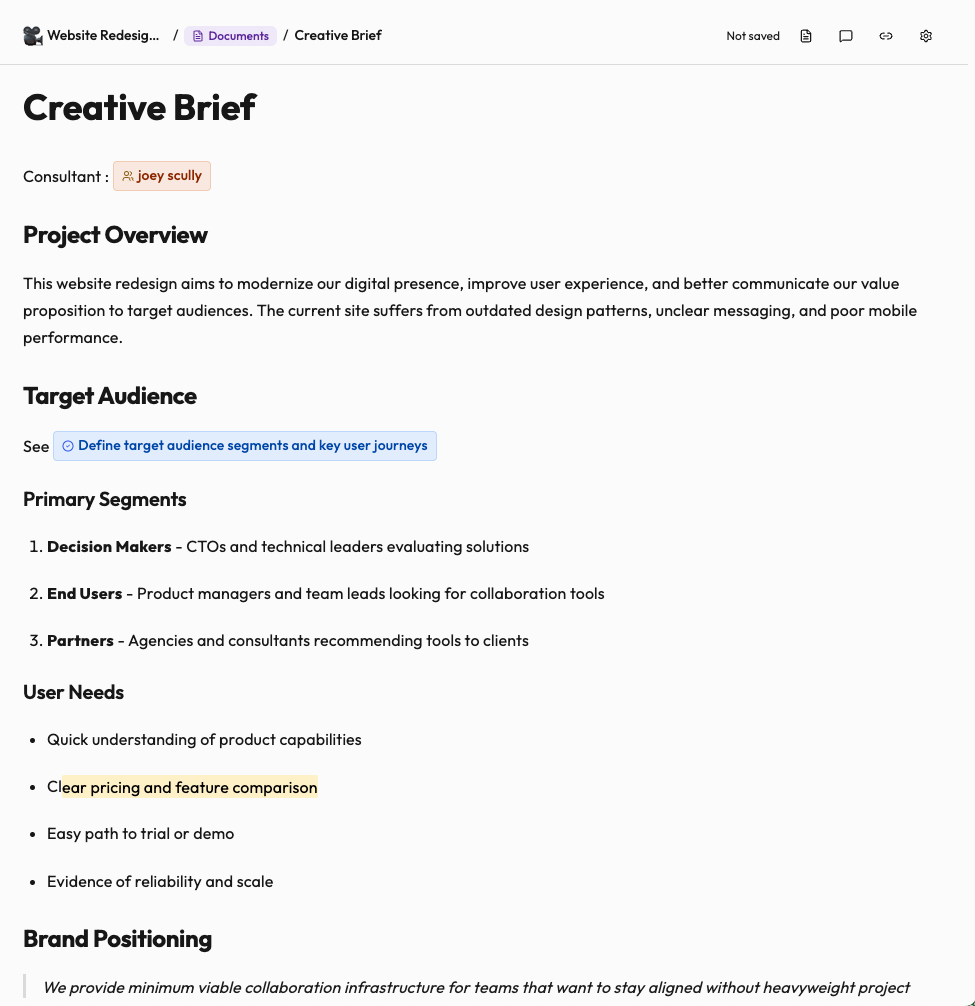 Document with cross-references to tasks and team members