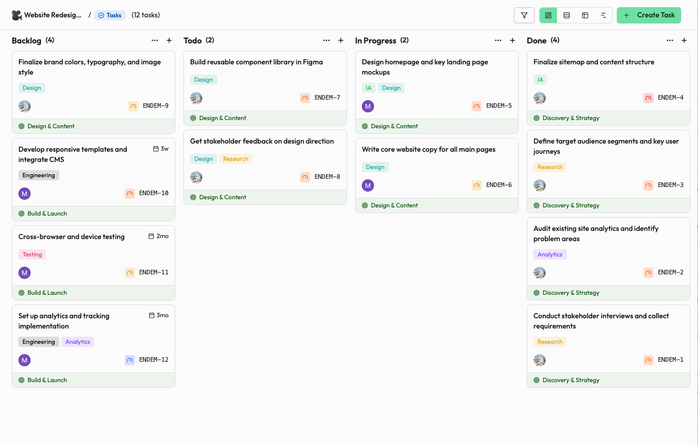 Projectyl app interface showing kanban board